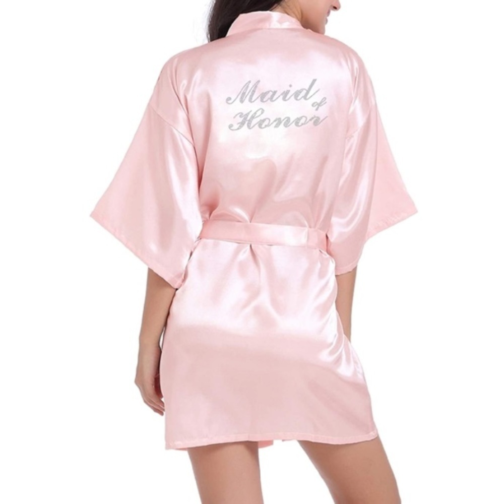Women's Pink Maid Of Honor Satin Kimono Short Robe with Rhinestones Bridal L/XL